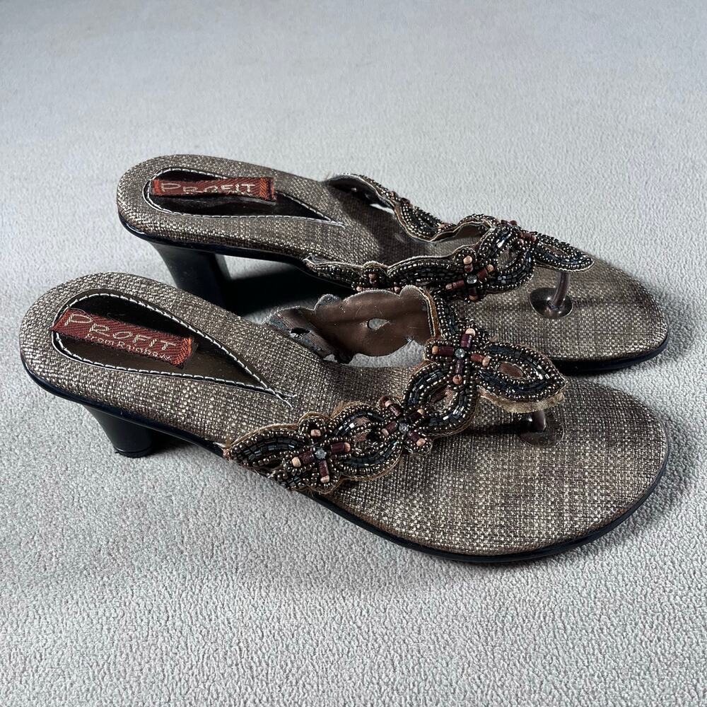 Iconic Brown Beaded Y2K 90s Women's Boho Heels by Profit Open Toe Size 7